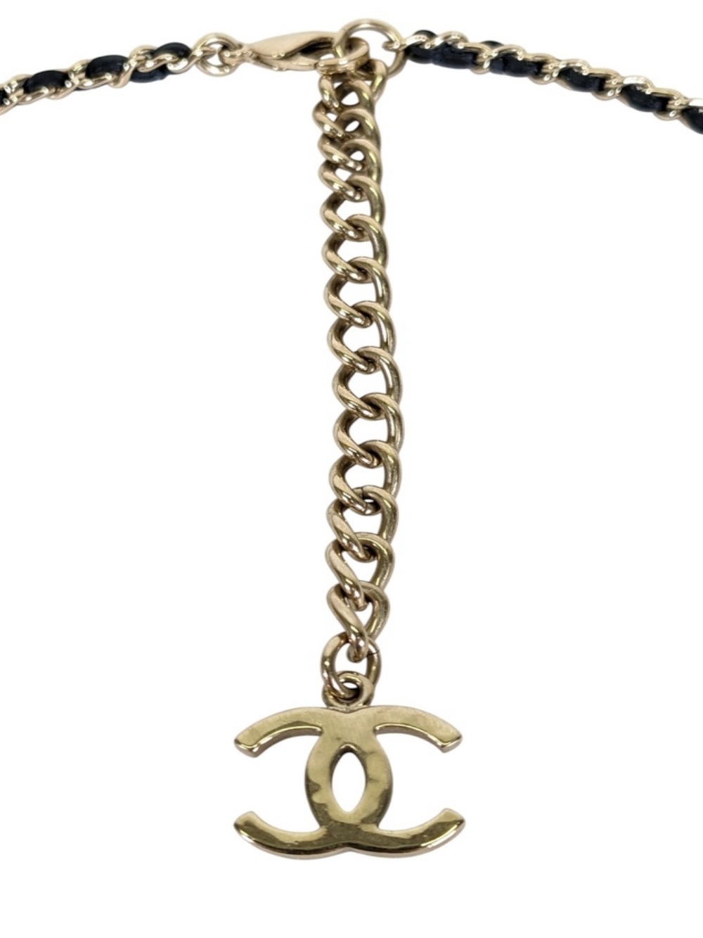 CHANEL Gold-Tone Crystal CC Logo Necklace with Black Leather-Trim Chain - Picture 4 of 4